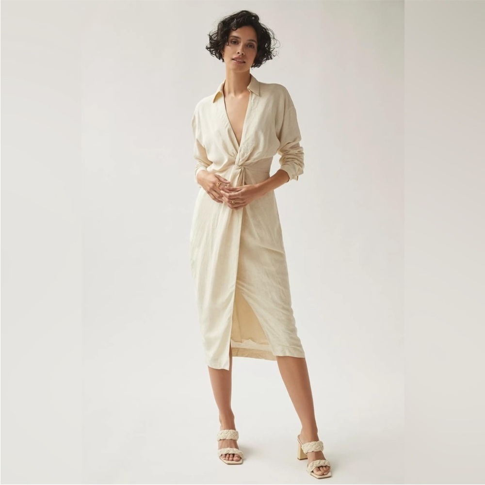 Anthropologie V-Neck Knot Front Midi Dress ⚜️Ivory⚜️ Size 12 - Picture 2 of 16